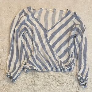 REBELLION Blouse Womens Size M Blue White Striped Long Sleeve Cross Over V-Neck